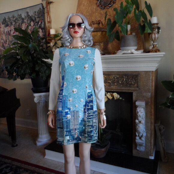 Moschino CheapandChic Ivory/Light Blue City Skyline Print A Line Dress Size 6 - Picture 2 of 16